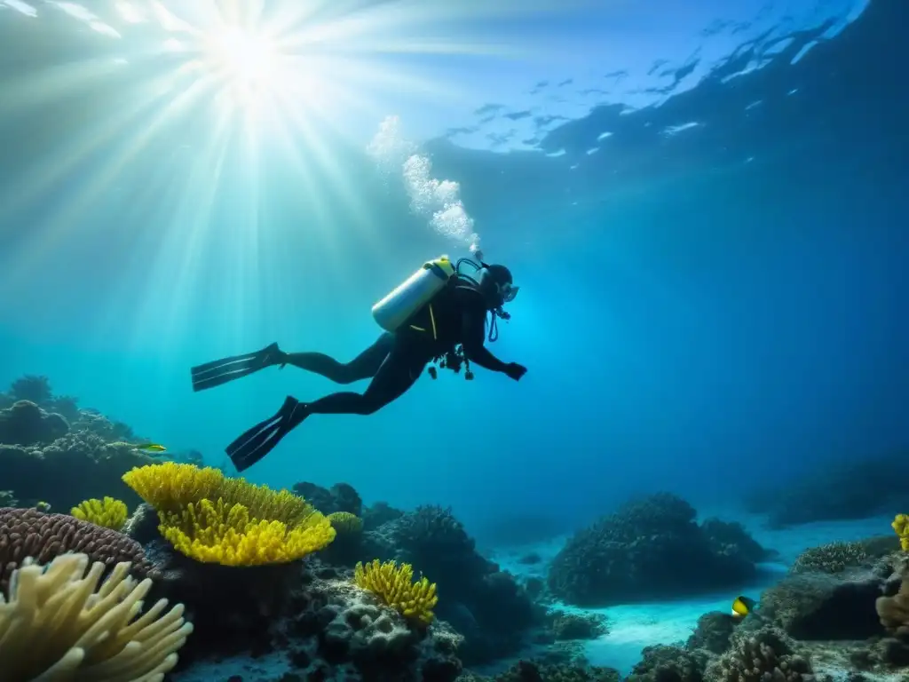 Exploración serena de un buceador en arrecife colorido