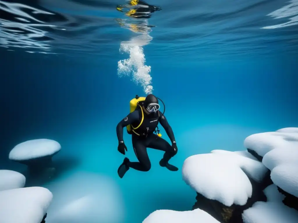 Exploración solitaria en aguas frías: un buzo desciende grácilmente en un entorno helado, rodeado de formaciones de hielo