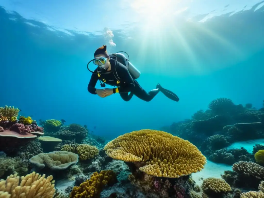 Exploración solitaria en un arrecife de coral vibrante, transmitiendo paz y la belleza del buceo en solitario