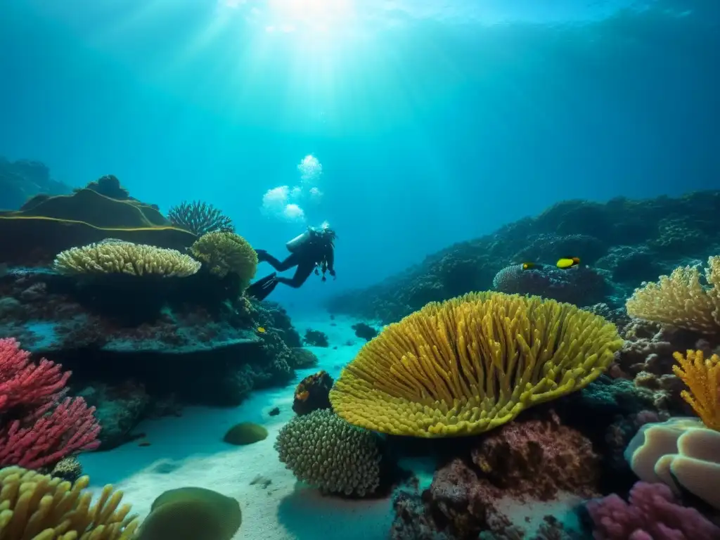 Exploración solitaria en arrecifes de coral, rodeado de peces coloridos bajo la luz del sol en el fondo marino