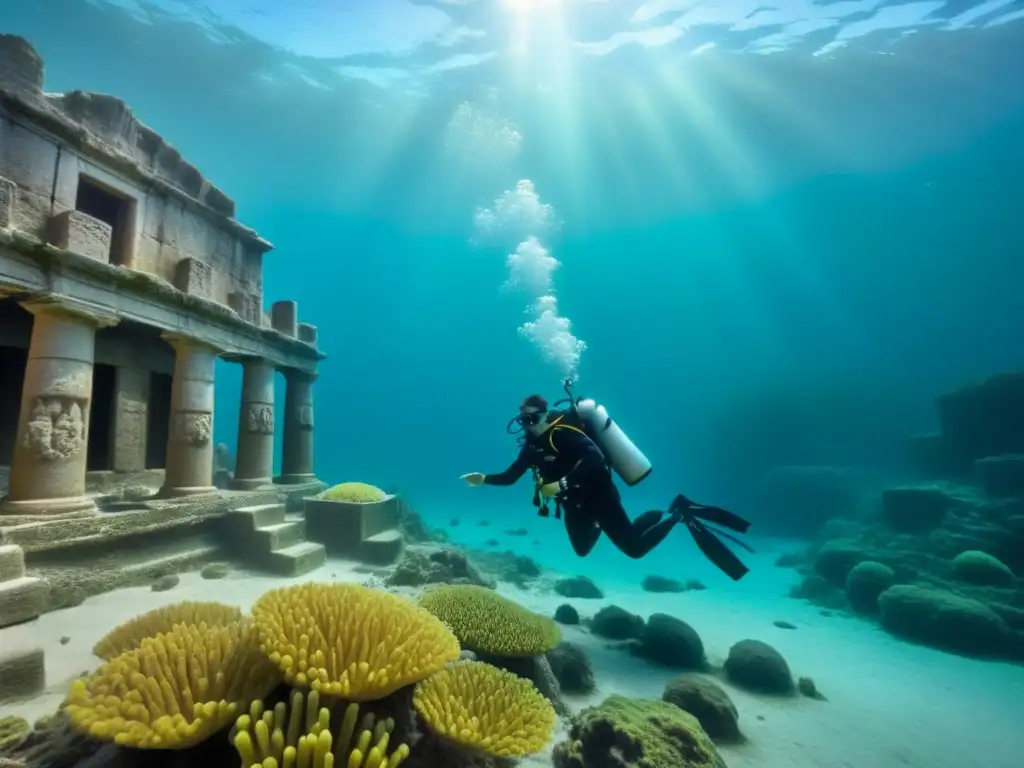 Exploración subacuática en la antigua ciudad sumergida de Pavlopetri en Grecia, mostrando ruinas y vida marina