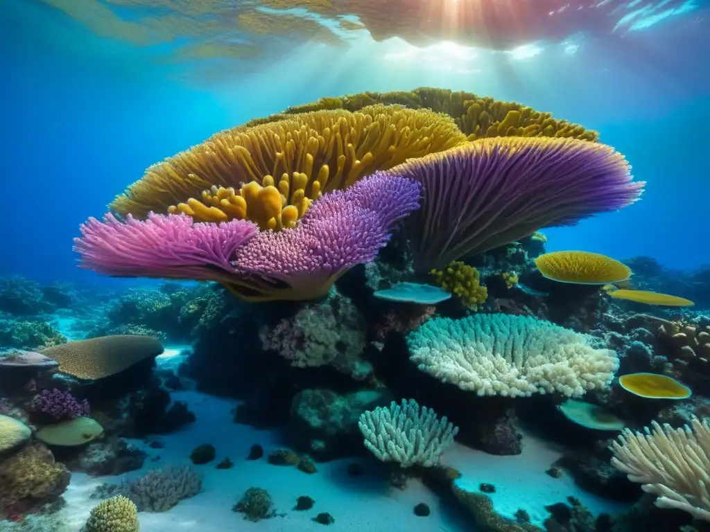 Arrecife de coral vibrante: belleza submarina en 8k Exploración sublime de arrecifes de coral UNESCO, vibrantes corales en tonos rosados, naranjas y morados, peces coloridos entre formaciones coralinas