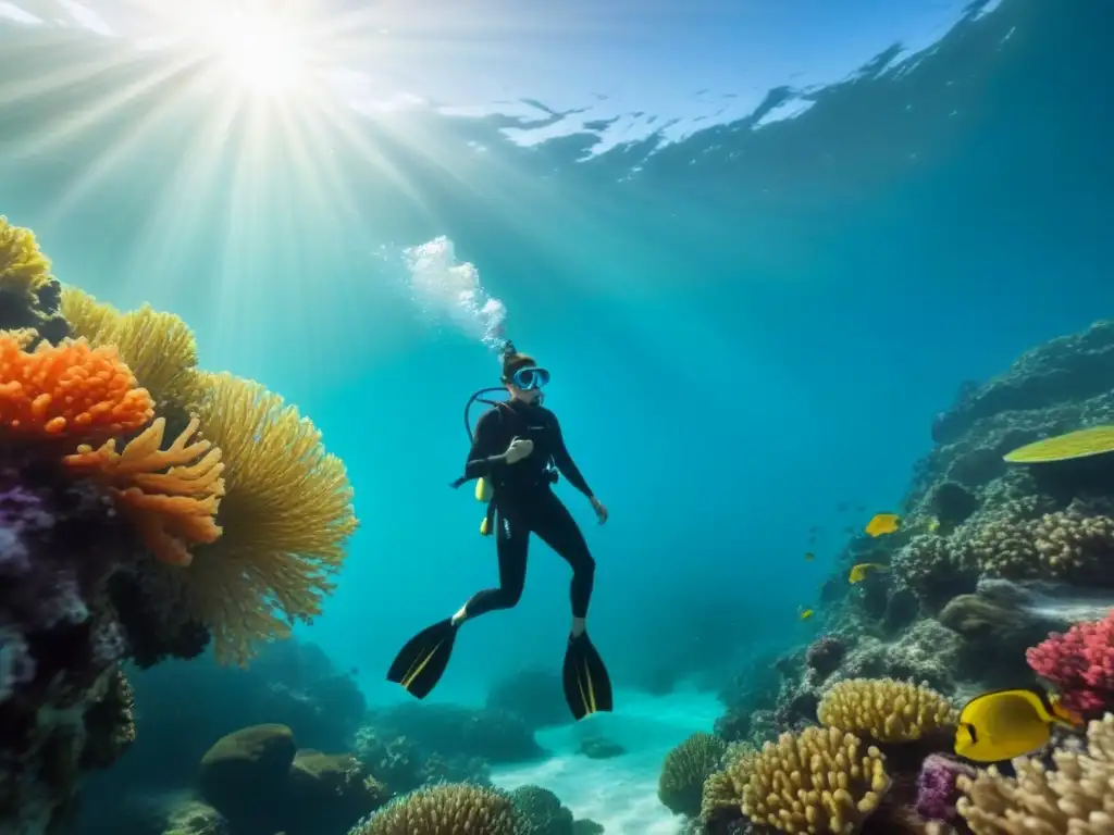 Exploración tranquila en aguas cristalinas: un snorkel rodeado de coral y peces coloridos bajo la luz del sol