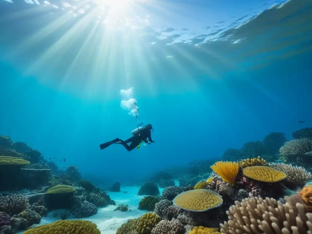 Exploración tranquila bajo el mar con coral, peces coloridos y equipo buceo y snorkel seguridad