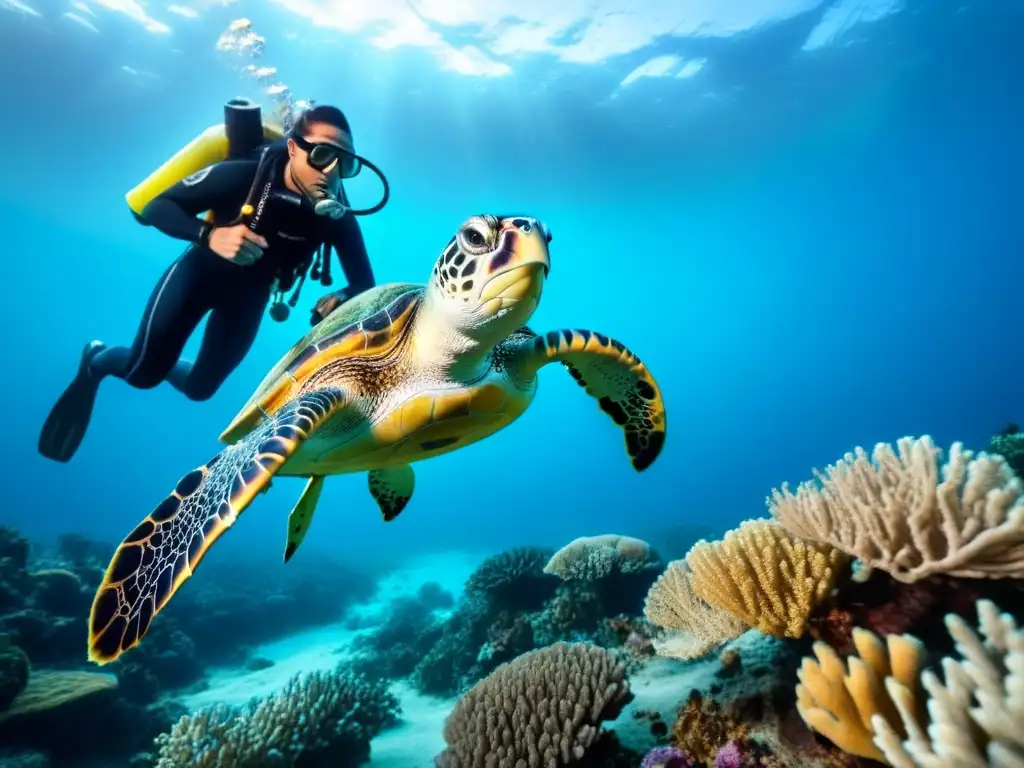 Exploración tranquila de pareja de buceadores en arrecife de coral vibrante, con vida marina colorida y compañero de buceo seguro