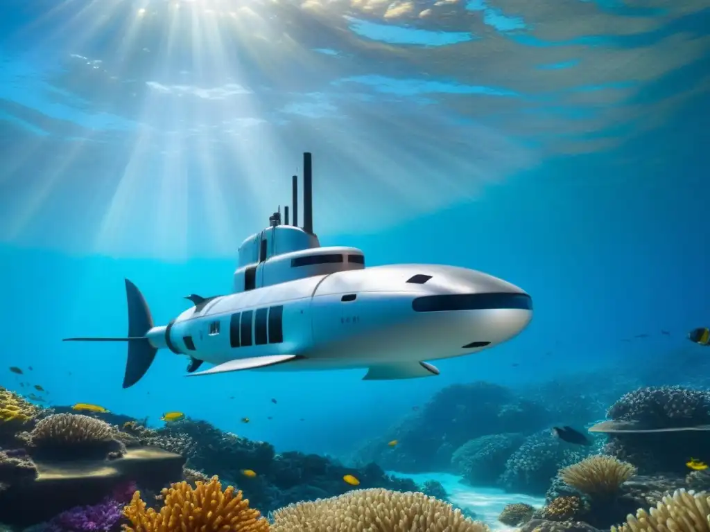 Exploraciones submarinas proteger océanos: submarino futurista surca aguas cristalinas rodeado de vida marina colorida