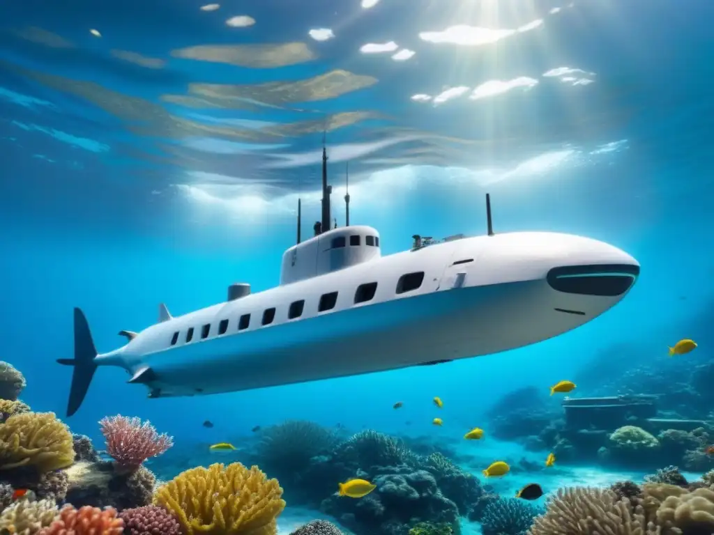 Exploraciones submarinas proteger océanos: Un submarino futurista surca aguas cristalinas junto a un arrecife de colores vibrantes y peces