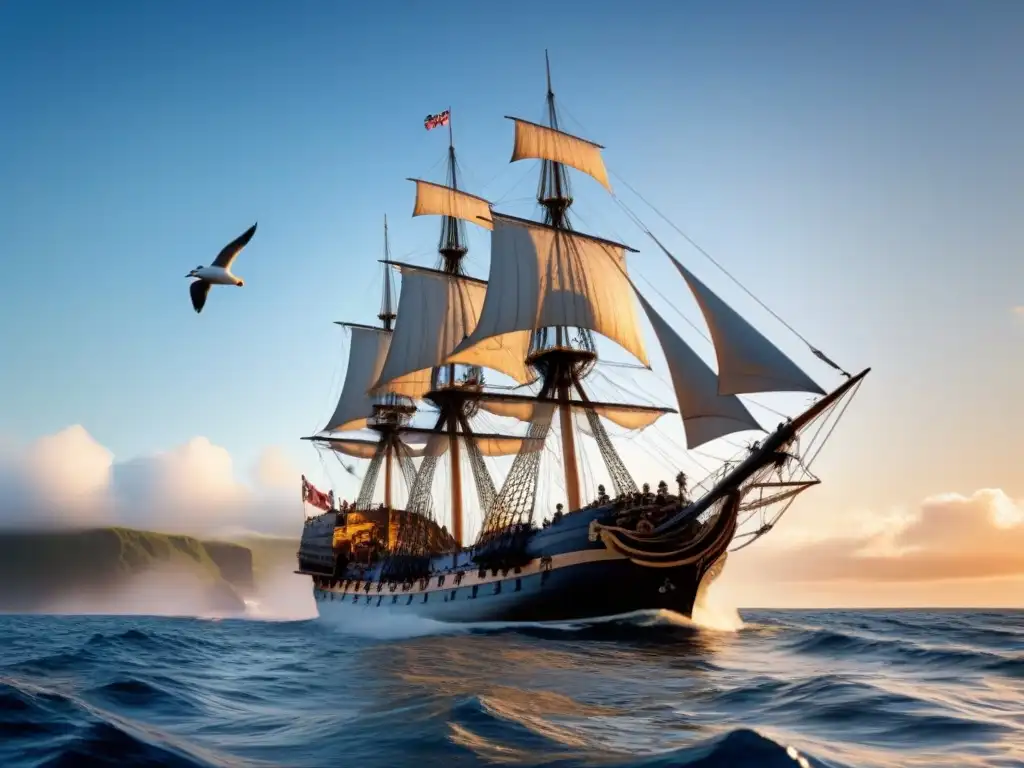 Explorador James Cook turismo marítimo: El HMS Endeavour navega en aguas calmadas bajo un cielo azul, rodeado de gaviotas y bañado por el sol