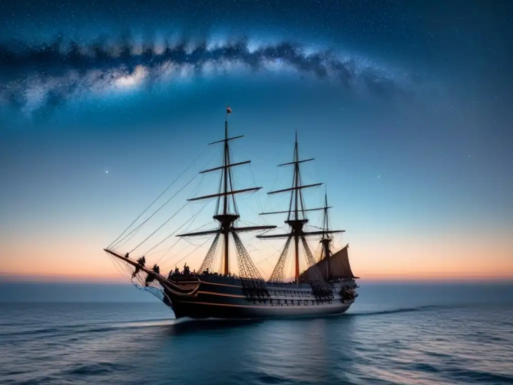 Explorador James Cook turismo marítimo: Nave HMS Endeavour surcando un cielo estrellado con capitán en cubierta