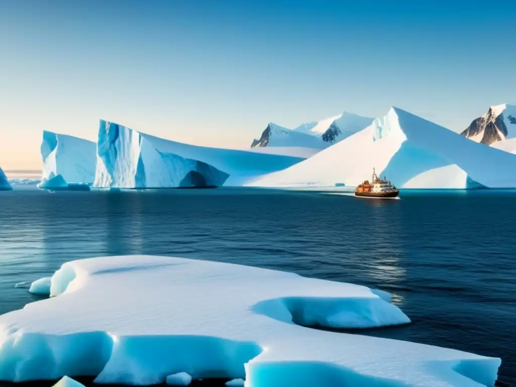 Explorador James Cook turismo marítimo en paisaje ártico majestuoso con glaciares y barco explorador solitario