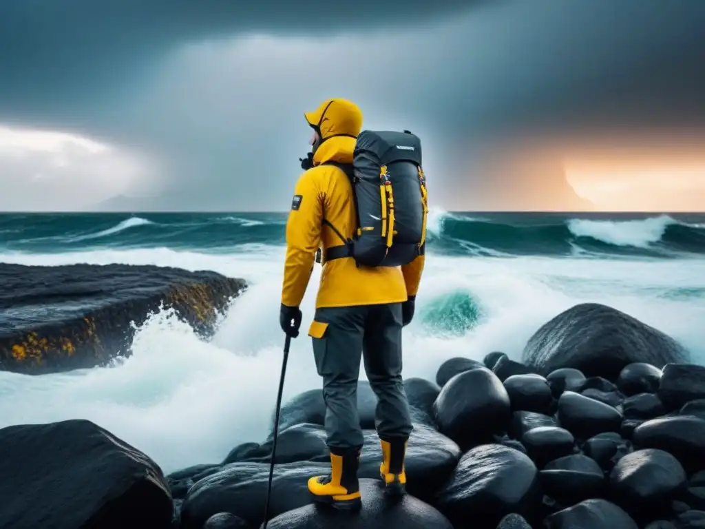 Un explorador moderno con equipo impermeable, desafiando las olas en la costa rocosa