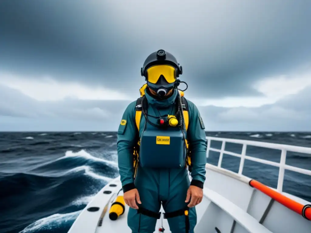 Explorador moderno ajustando equipo impermeable en barco de investigación en mar tormentosa