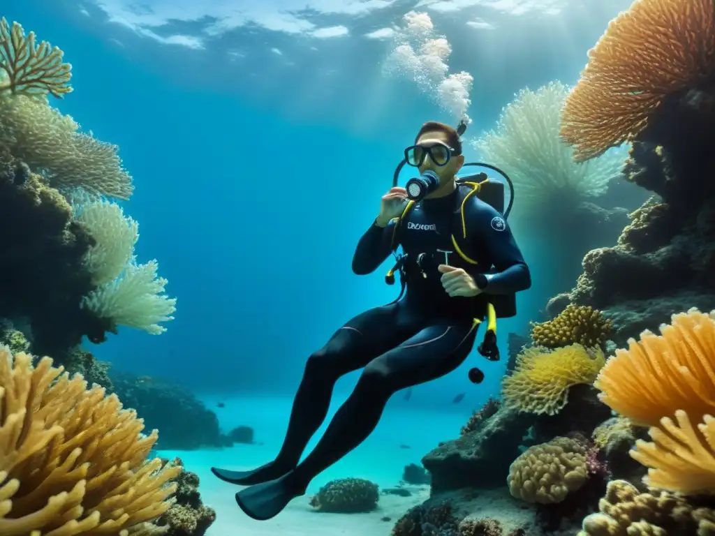 Explorador buceando con preparación física para buceo en arrecife coralino vibrante