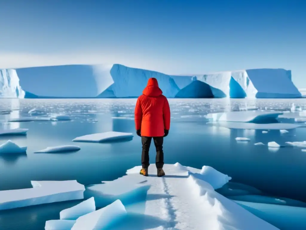 Explorador solitario en Antártida, admirando paisaje helado