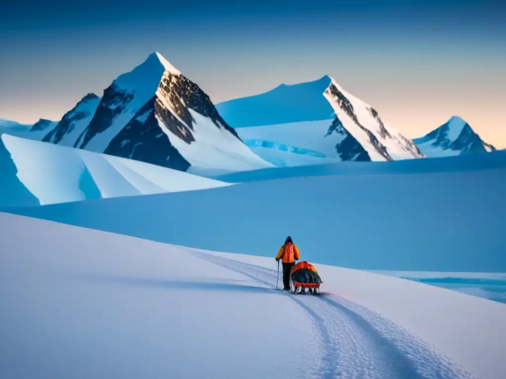 Explorador solitario en expediciones antárticas audaces bajo cielos estrellados y montañas nevadas