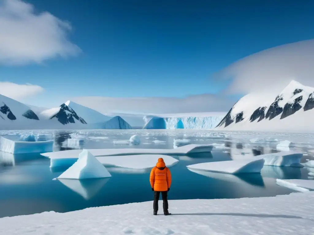 Explorador solitario en glaciar antártico, con determinación y aislamiento