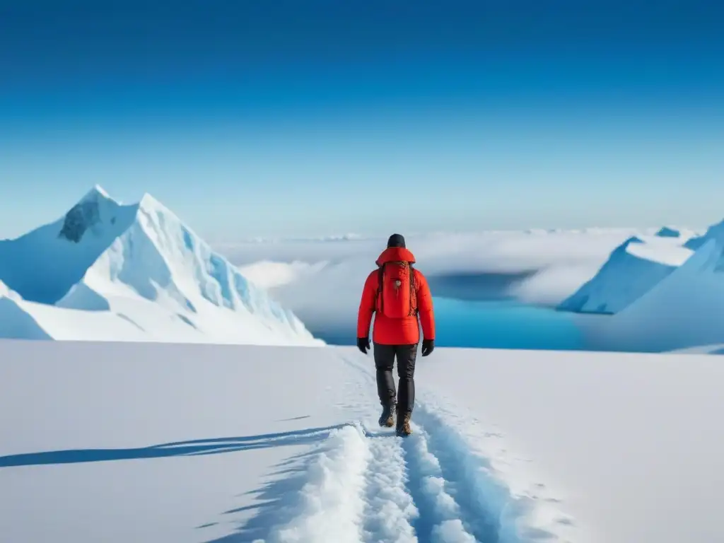 Un explorador solitario inspirador en una expedición polar, con paisajes helados y montañas nevadas