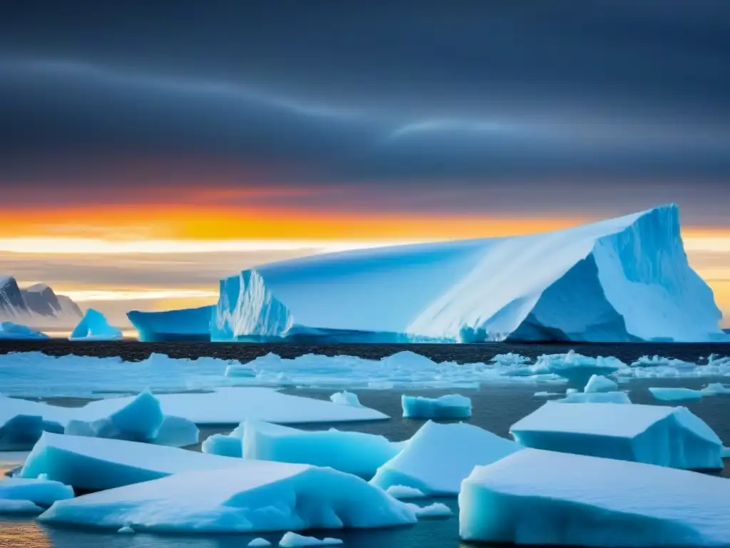 Un explorador solitario en un paisaje antártico helado al atardecer, evocando supervivencia y aislamiento