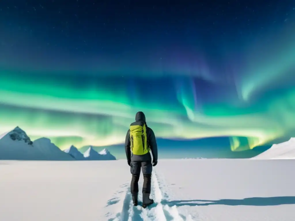 Un explorador solitario en un paisaje helado, con tecnología de vanguardia, desafiando el frío en una expedición polar