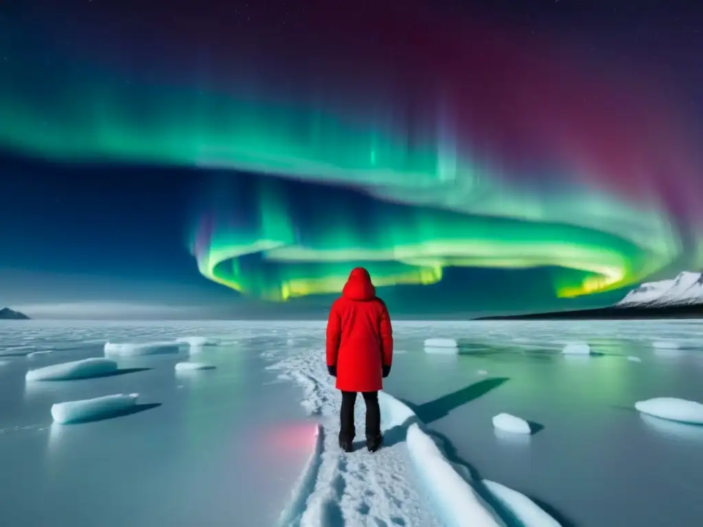 Un explorador solitario en un vasto paisaje helado bajo la aurora boreal