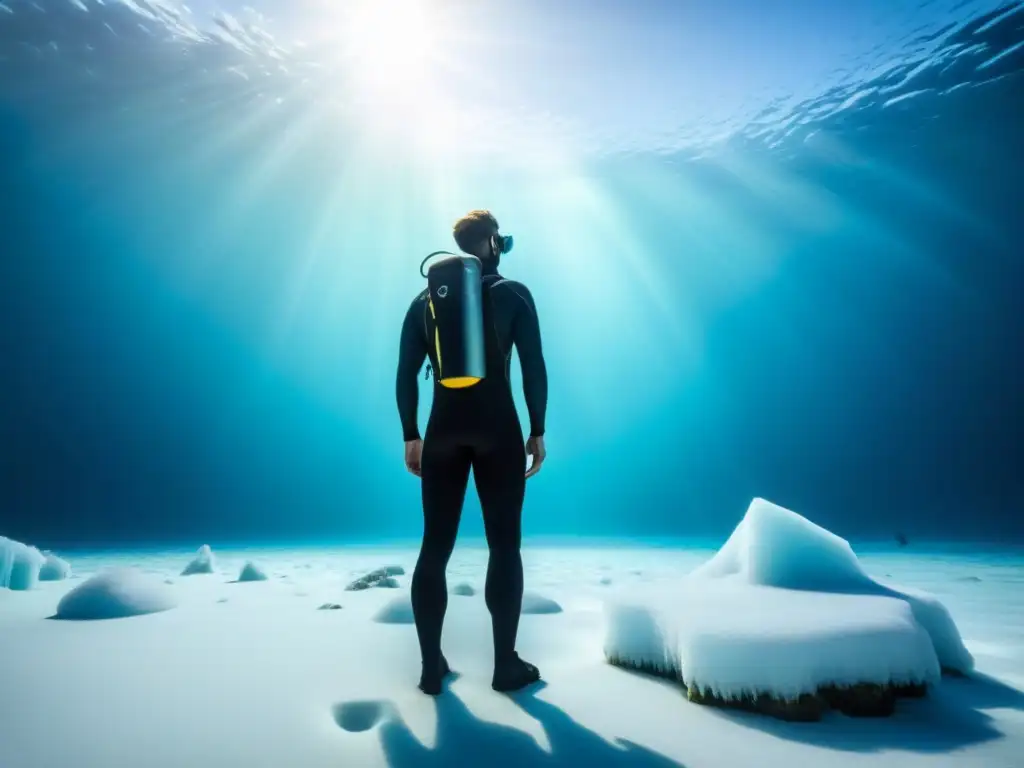 Explorador en traje de buzo negro en aguas heladas, rodeado de paisaje submarino surrealista