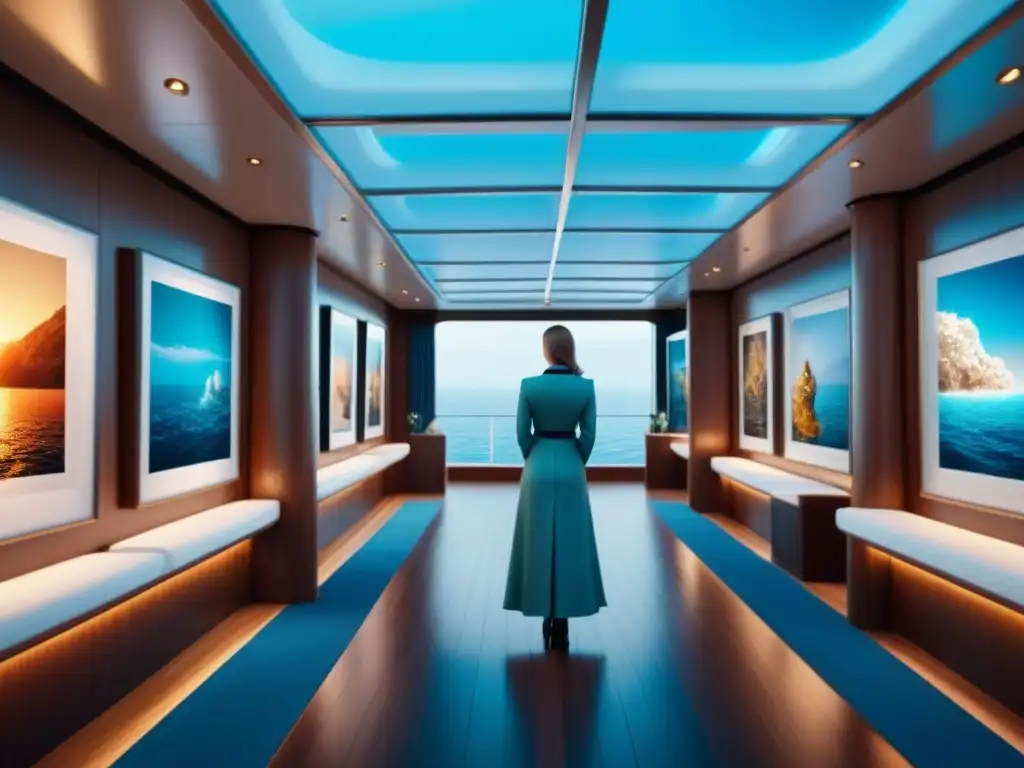 Exposiciones de arte vanguardista en un crucero de lujo, con obras modernas y esculturas, iluminadas por la suave luz natural del mar