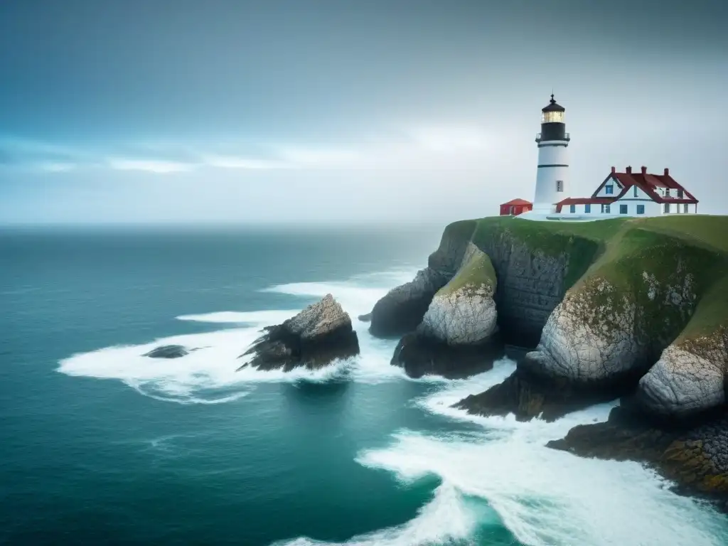 Exposiciones faros mundo marítimo: Fotografía aérea de costa rocosa con majestuosos faros en blanco y negro