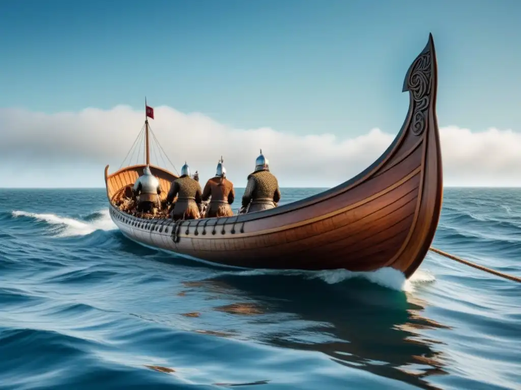 Exposiciones sobre Vikingos marítimos: Un drakkar vikingo navega en aguas tranquilas bajo un cielo azul