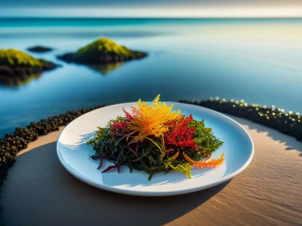 Una exquisita armonía de superalimentos marítimos para cruceros, resplandeciendo bajo el sol dorado en un plato blanco