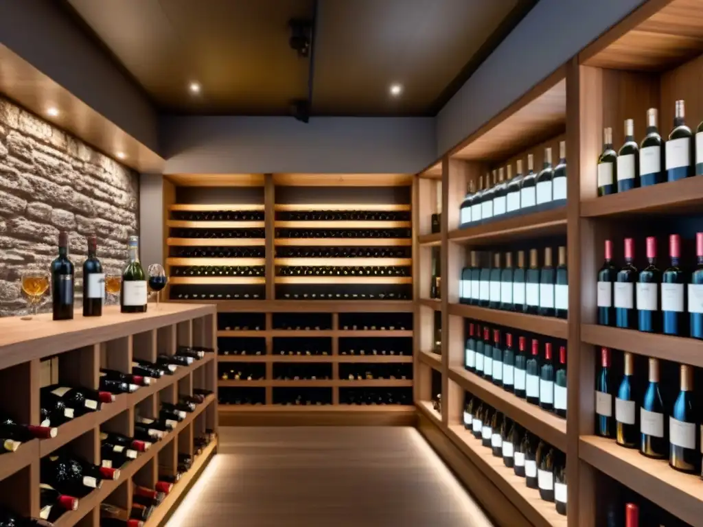 Exquisita bodega de vinos con elegantes estantes de madera repletos de botellas, iluminadas con suavidad