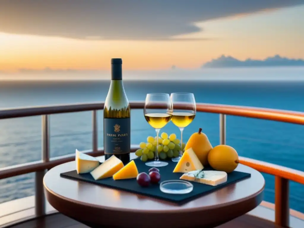 Exquisita cata de vinos en crucero al atardecer, con elegante mesa de madera y vista al mar