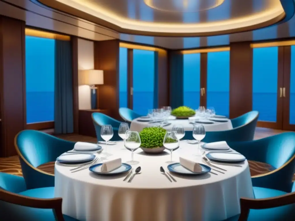 Exquisita cena en crucero de lujo con platillos de Chefs estrellas Michelin, ambiente sofisticado y elegante en alta mar