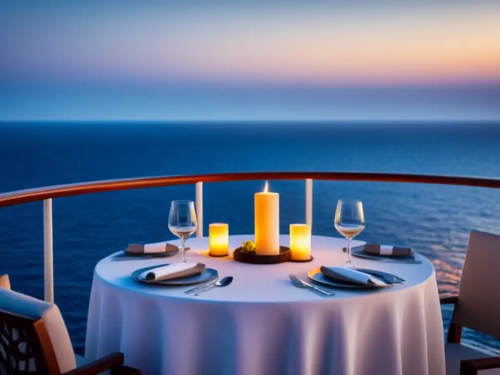 Exquisita cena en crucero: mesa elegante en cubierta con velas y vista al mar estrellado