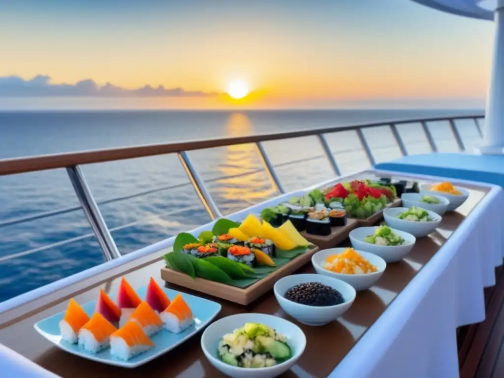 Exquisita cena raw food en cruceros marítimos con vista al mar y puesta de sol dorada