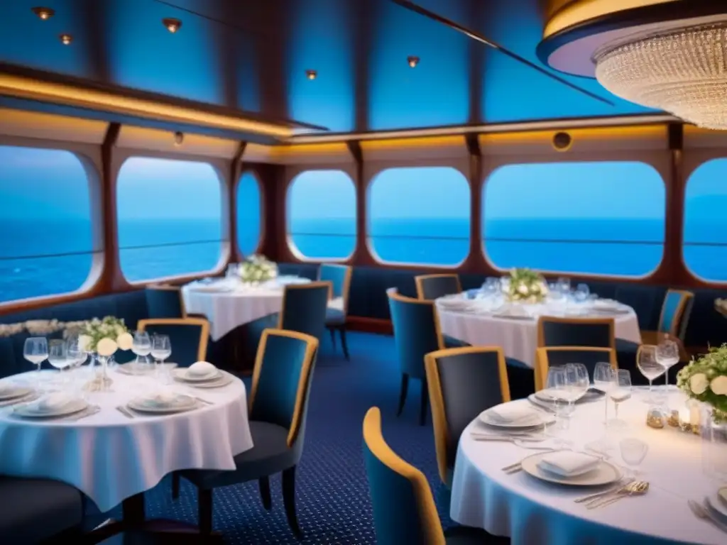 Exquisita cocina de alta gama en cruceros: elegancia y lujo en un comedor refinado con vajilla fina y cristalería reluciente