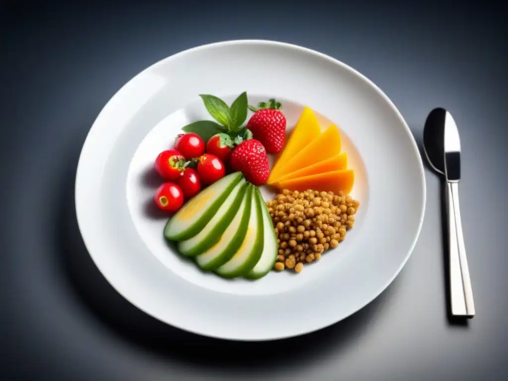 Una exquisita comida balanceada con frutas, verduras, granos y proteínas, en un plato blanco