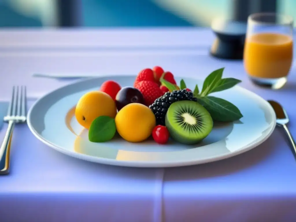 Una exquisita comida gourmet en un crucero, resaltando una variedad de alimentos frescos y coloridos en un plato blanco impecable