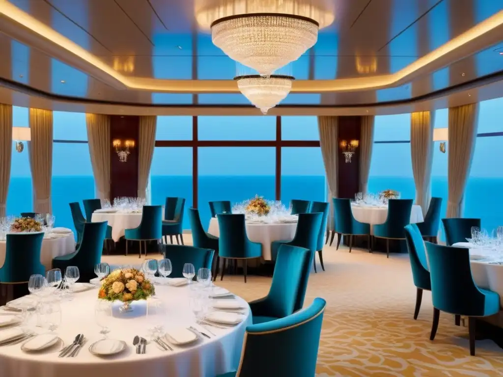 Exquisita gastronomía en cruceros de lujo: elegante comedor con detalles lujosos y cena gourmet