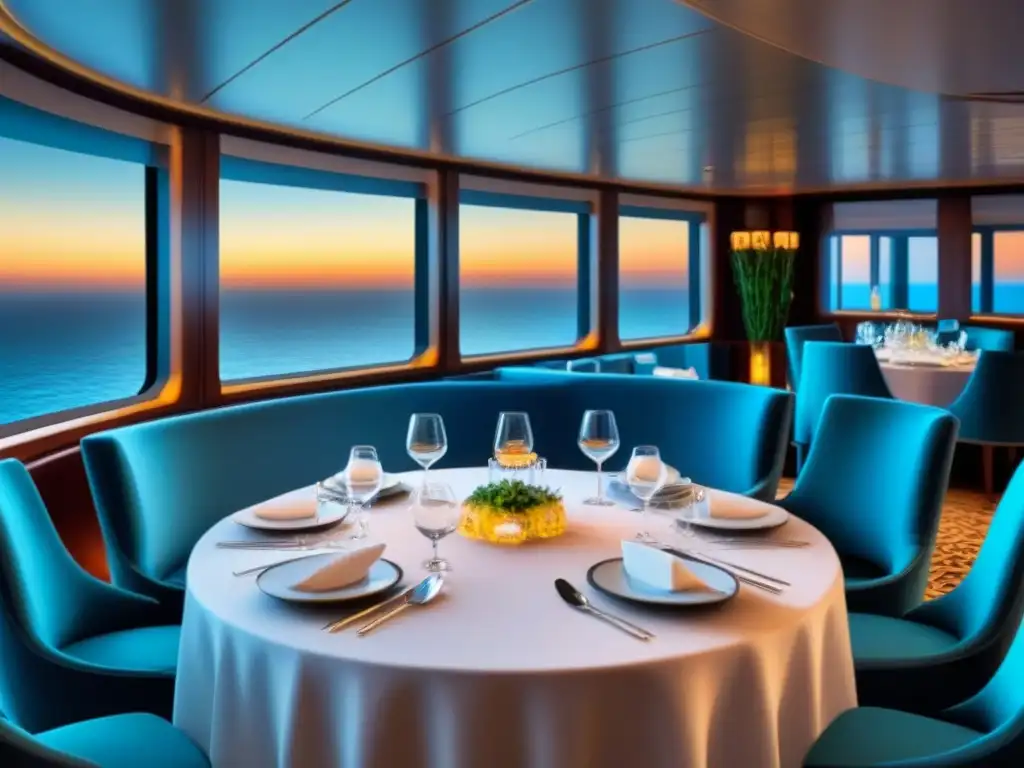 Exquisita gastronomía en cruceros de lujo: elegante comedor con vista al mar y detalles blancos