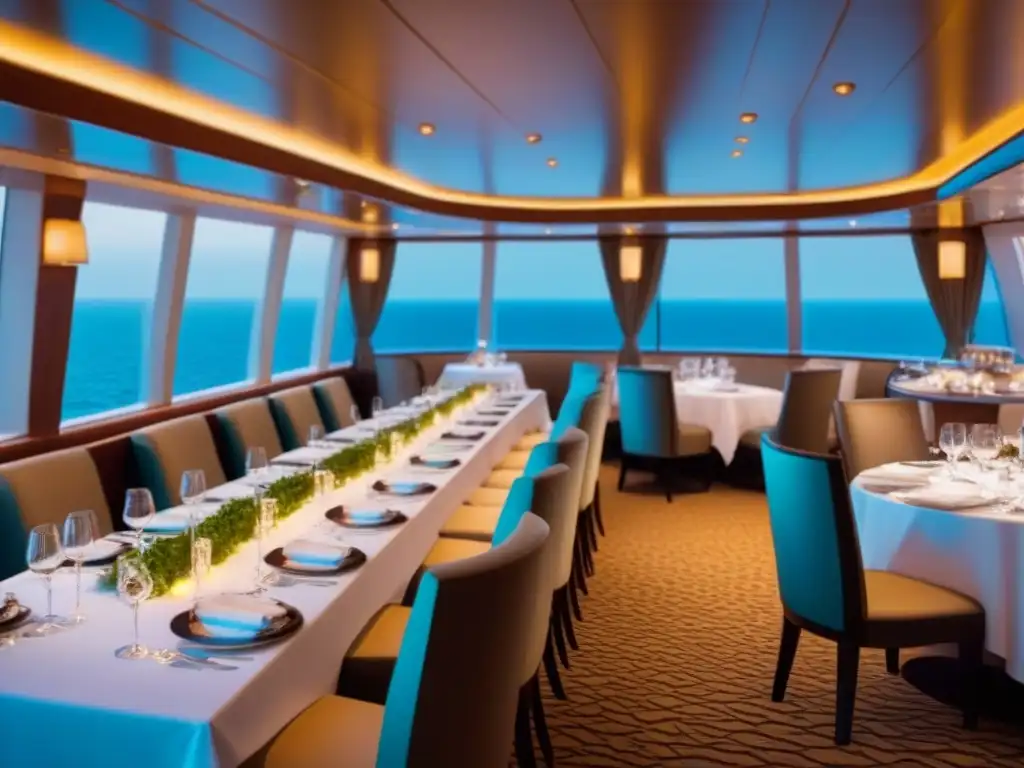 Exquisita gastronomía en cruceros marítimos: Comedor elegante con mesas impecables, cristalería brillante y platos gourmet, iluminado suavemente