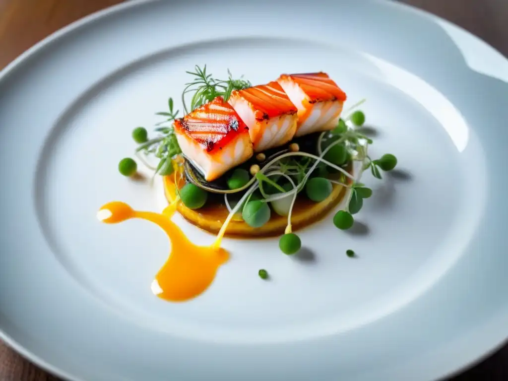 Exquisito plato de mariscos: lujo y elegancia en cada detalle Una exquisita y elegante creación culinaria en un entorno lujoso