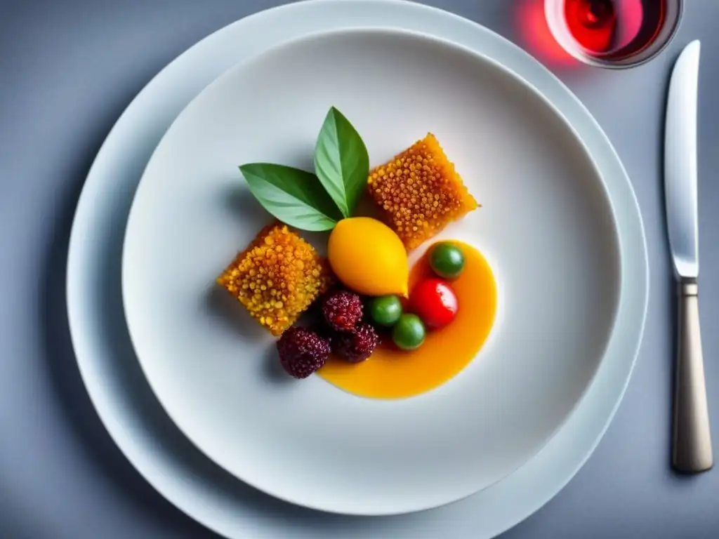 Exquisita gastronomía internacional en cruceros: plato elegante con colores vibrantes y decoración detallada en un fondo neutro