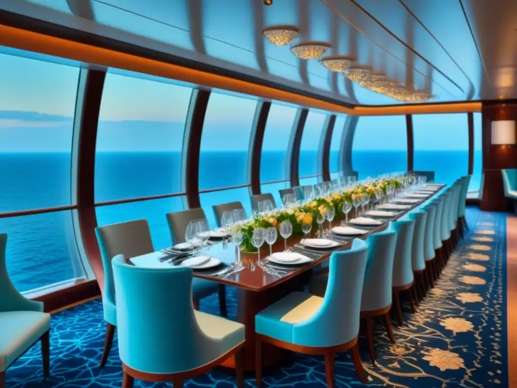 Exquisita gastronomía local en cruceros: lujoso comedor con detalles elegantes y vista al mar