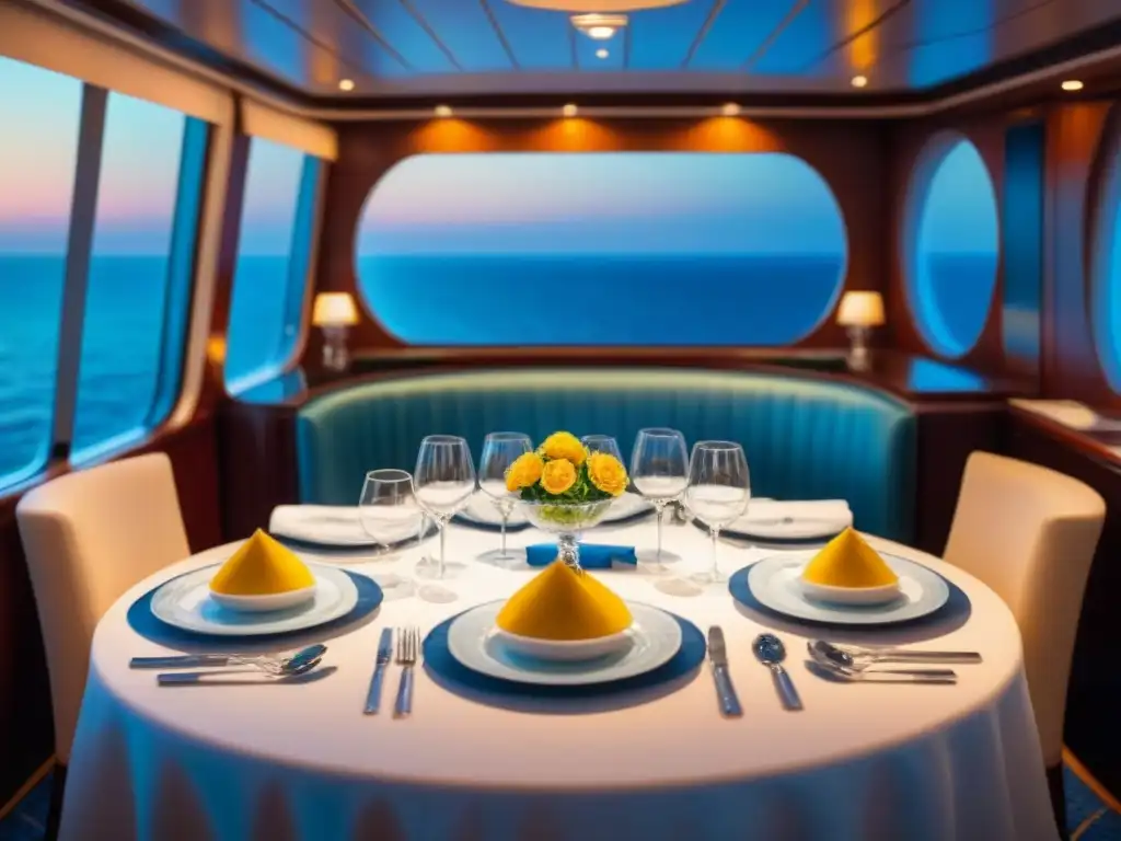 Exquisita gastronomía de lujo en cruceros: mesa elegante con fina vajilla y platillos gourmet, con vista al mar al atardecer