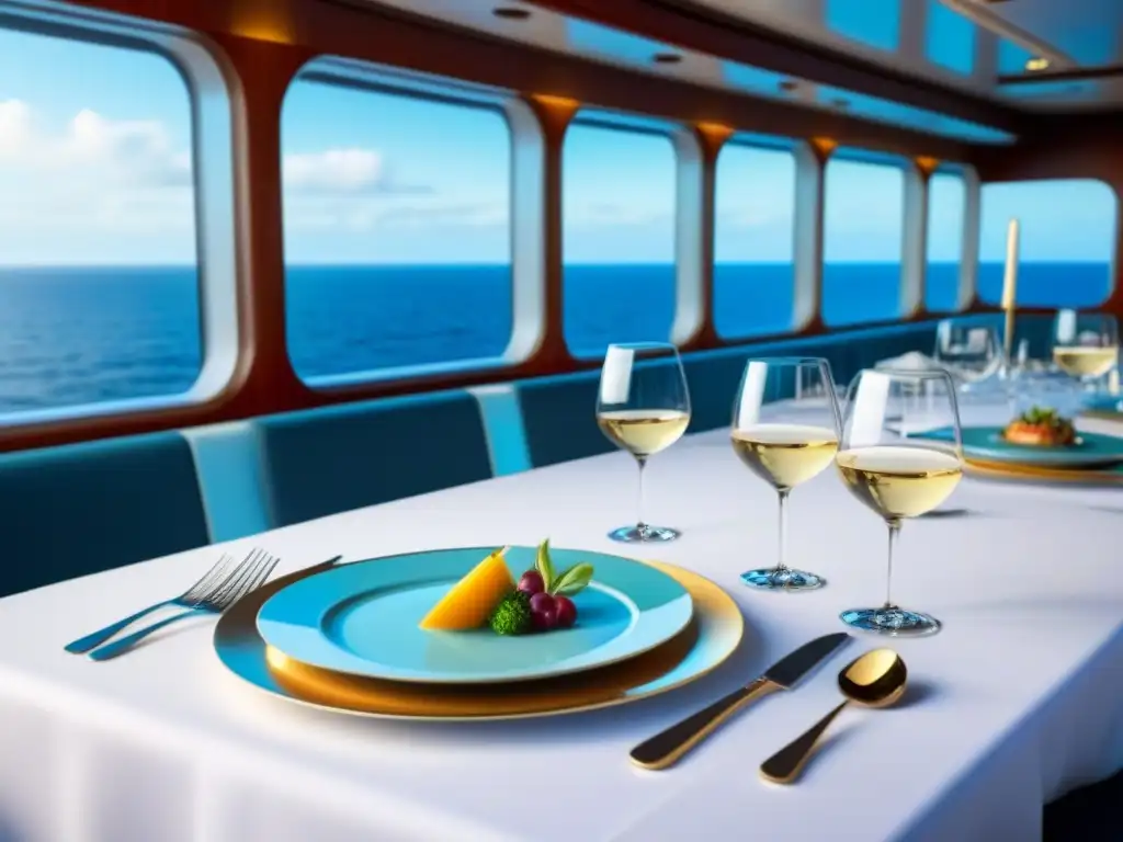 Exquisita mesa de comedor en crucero de lujo con vinos y cocina gourmet, bañada en luz natural y elegancia