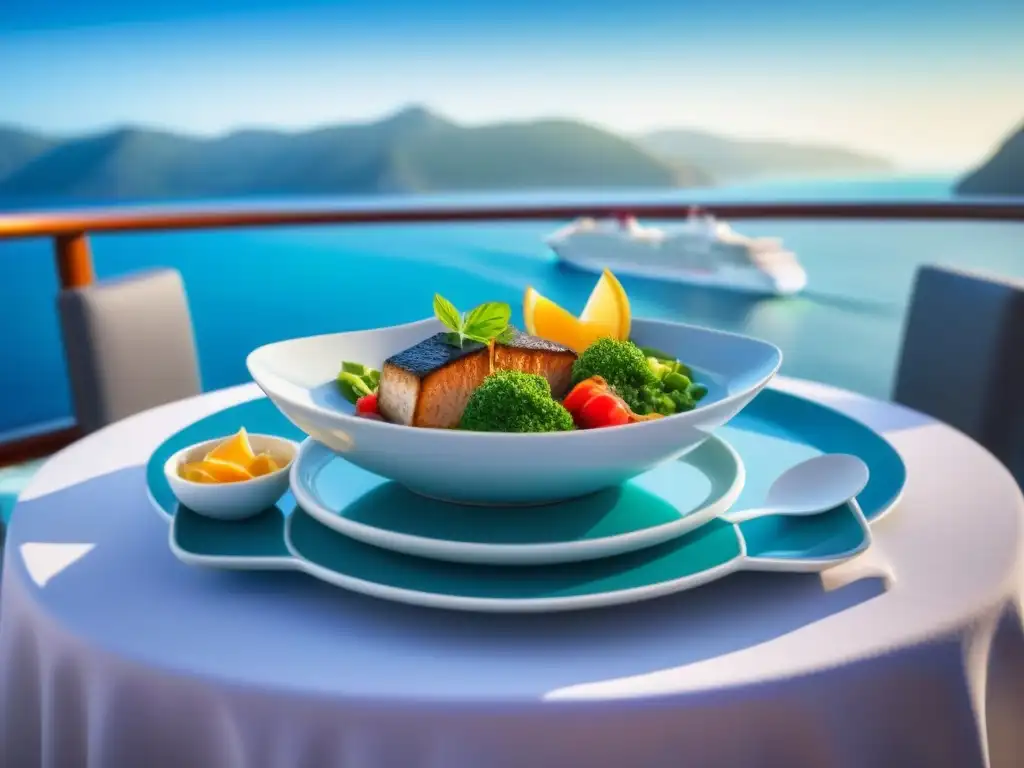 Exquisita mesa de comedor en crucero con platos coloridos y saludables para diversas necesidades dietéticas en cruceros