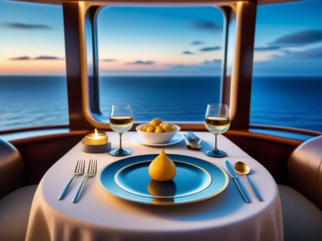 Exquisita mesa de comedor en crucero de lujo con menús inspirados en viajes marítimos