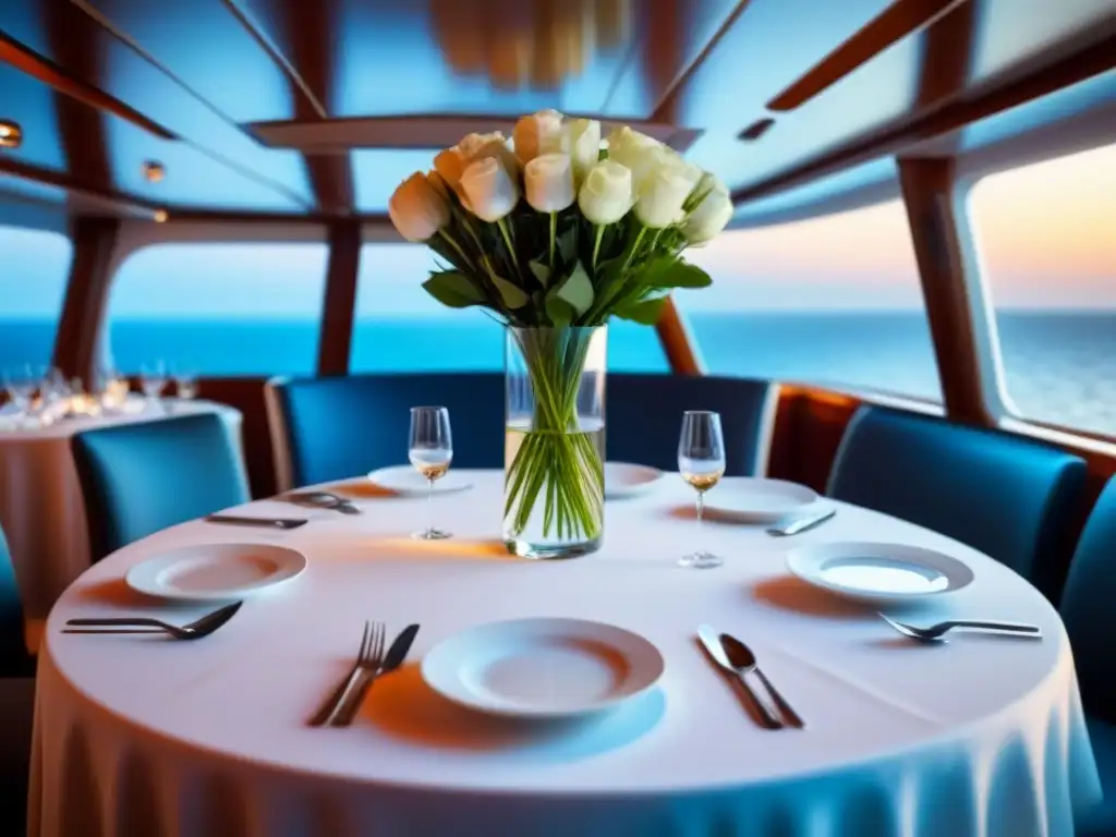 Exquisita mesa en crucero de lujo con alta cocina accesible y elegante, cristalería fina y flores frescas, iluminada suavemente por la luz ambiental