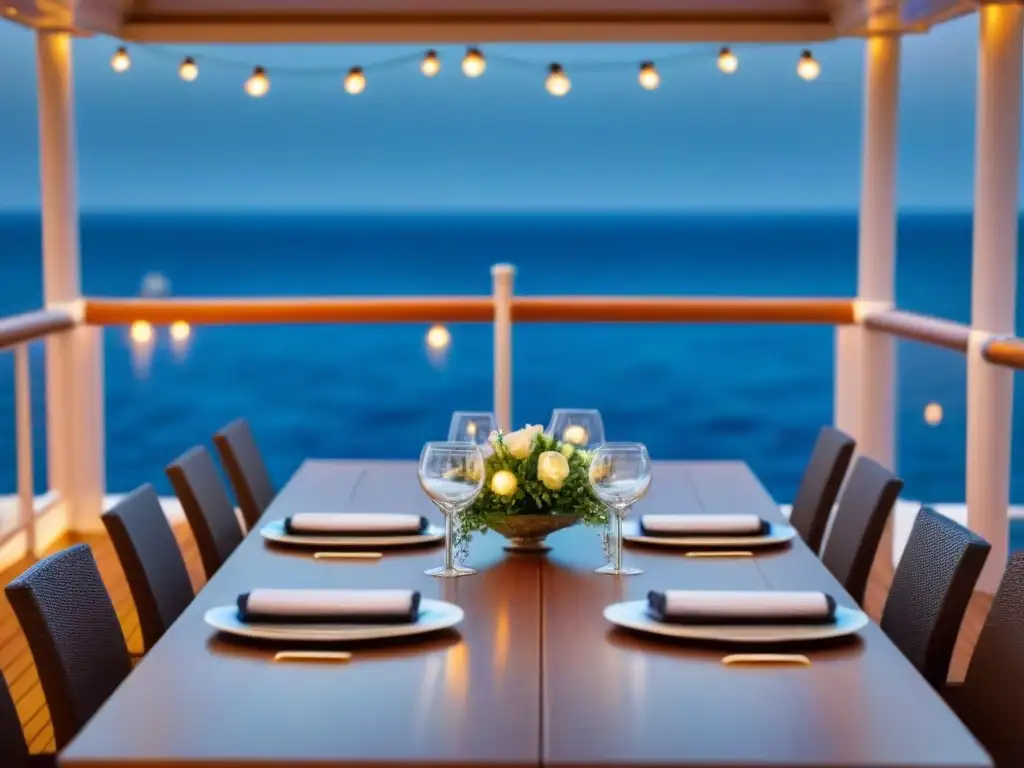 Exquisita mesa de restaurante al aire libre en crucero, decorada con luces y flores bajo el cielo estrellado y el mar