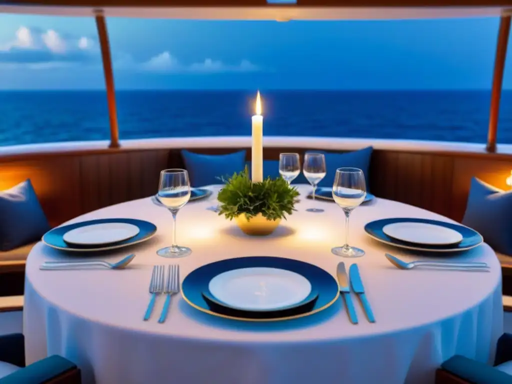 Exquisita mesa de restaurante al aire libre en crucero de lujo, con elegante vajilla y vista al mar estrellado